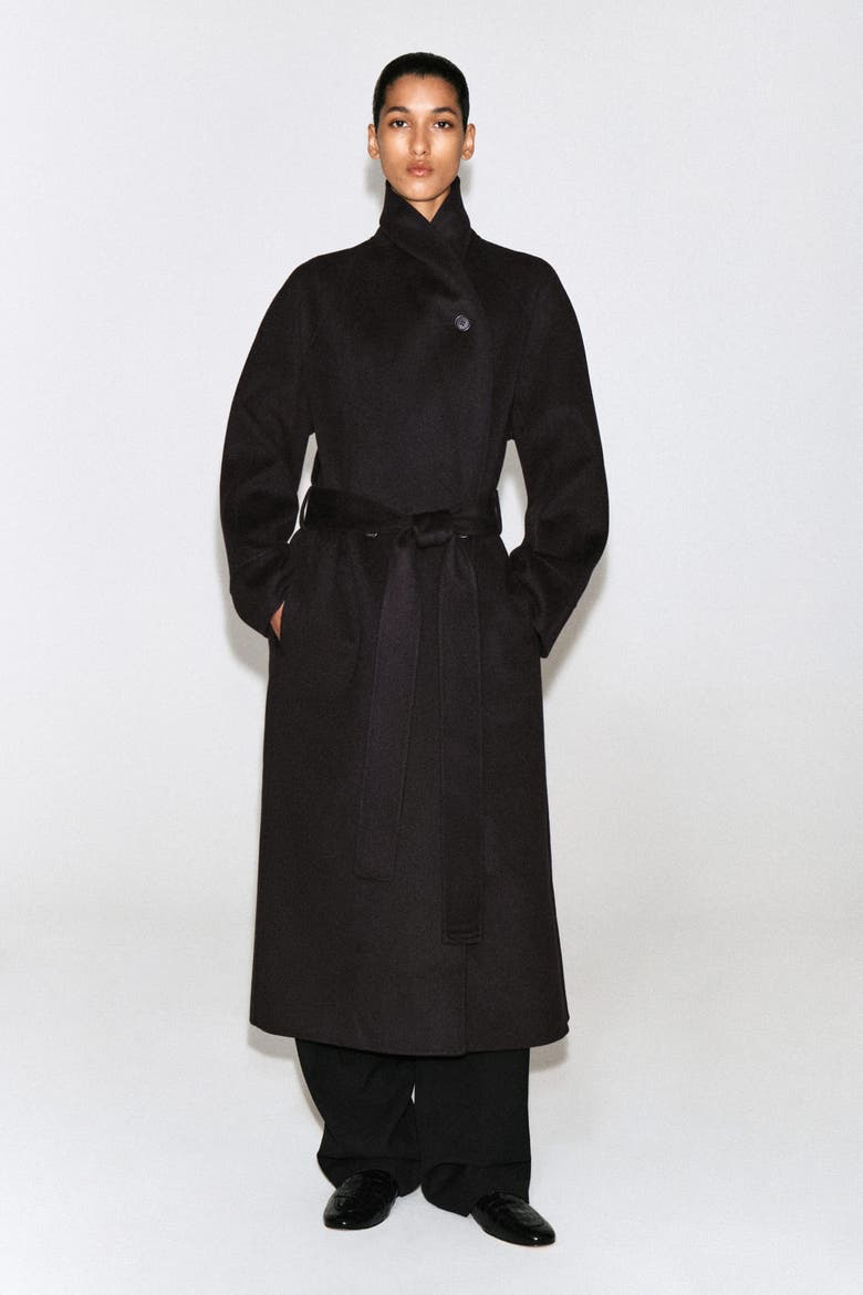 Shawl-Collar Double-Faced Wool Long Coat, Alternate, color, DARK BROWN