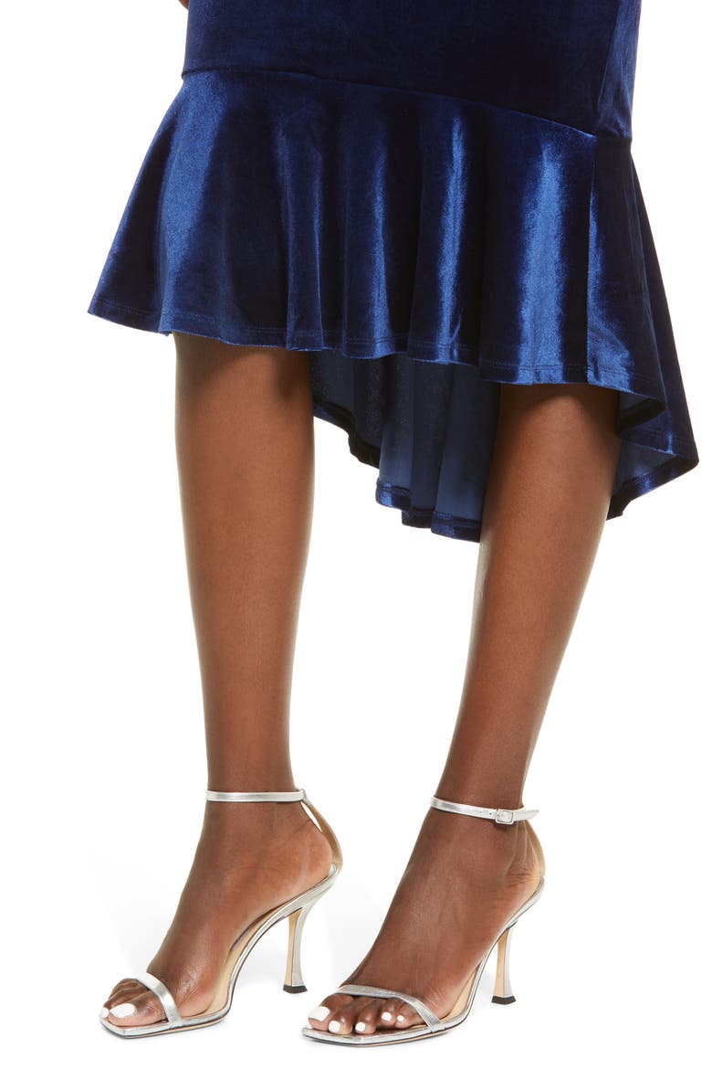 Love, Nickie Lew Ruffle Hem Velvet Dress, Alternate, color, NAVY