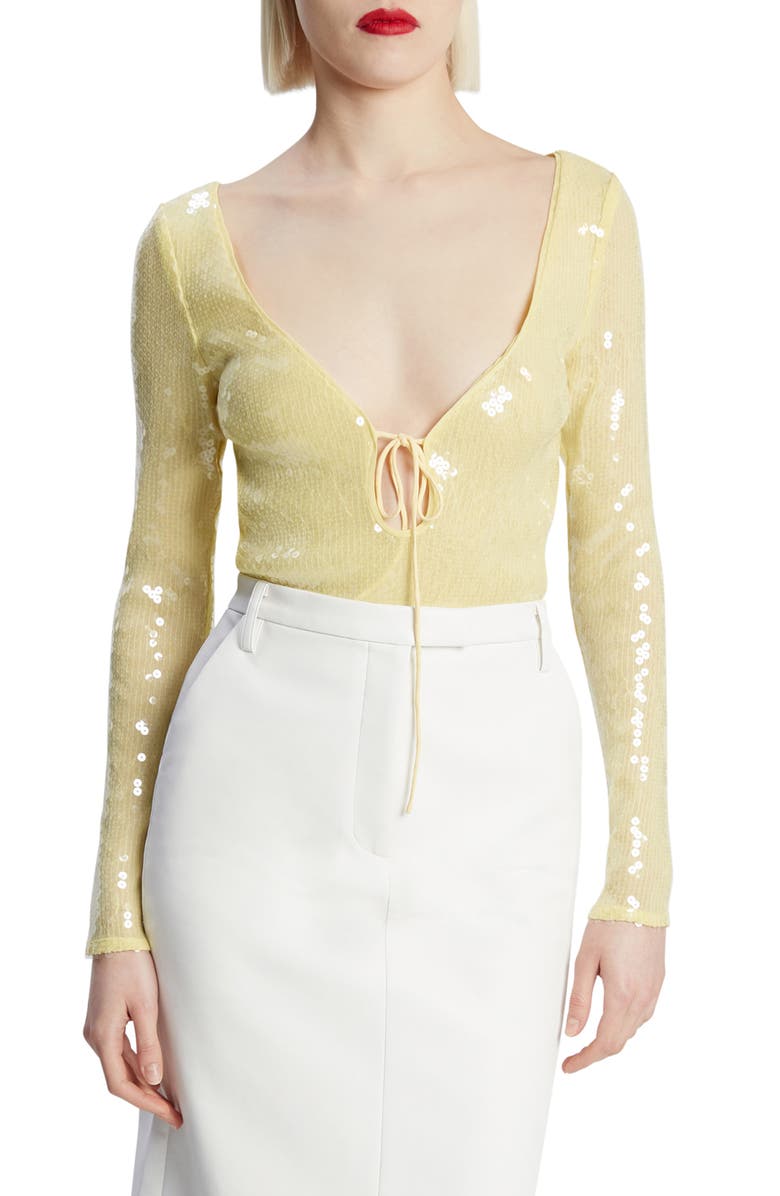 Bardot Verona Sequin Long Sleeve Bodysuit, Main, color, Canary Yellow