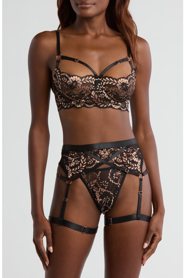 Strappy Underwire Bra, Thong & Garter Belt Set, Main, color, BLACK