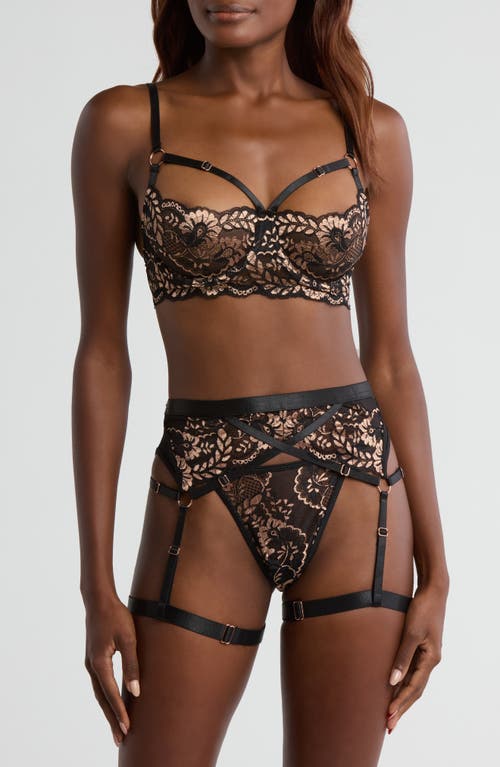 Coquette Strappy Underwire Bra, Thong & Garter Belt Set In Black