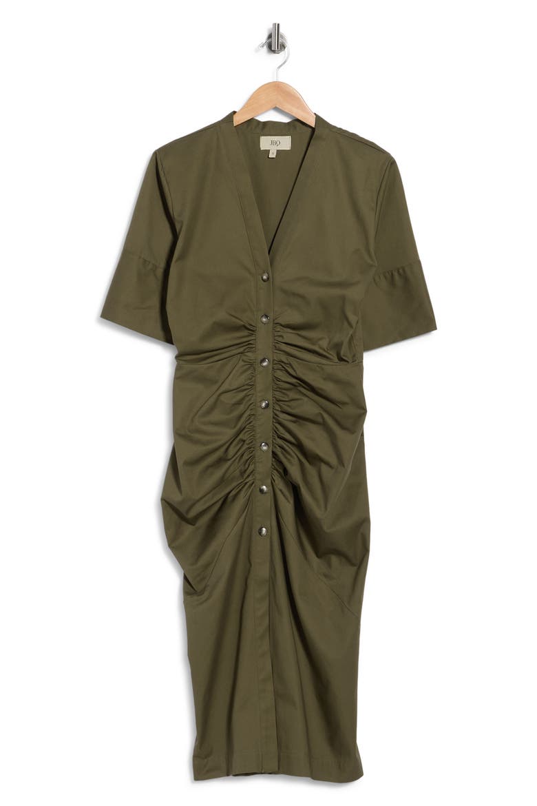 Ameli Ruched Cotton Midi Dress, Main, color, ARMY GREEN