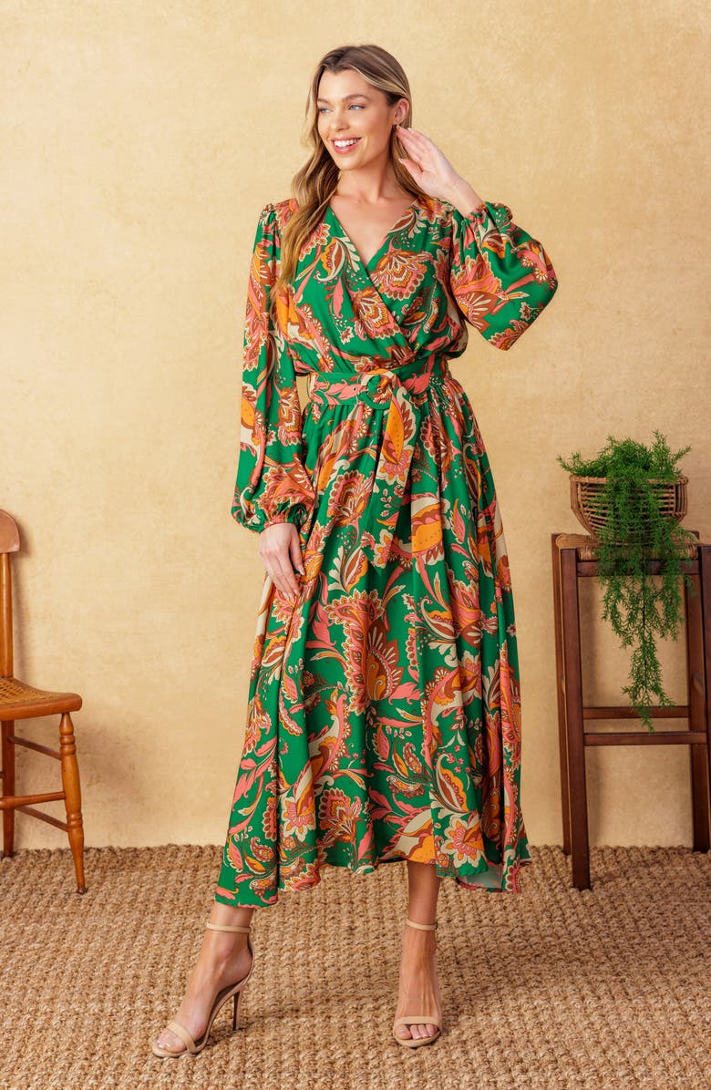 FLYING TOMATO Long Sleeve Belted Midi Dress, Alternate, color, Green