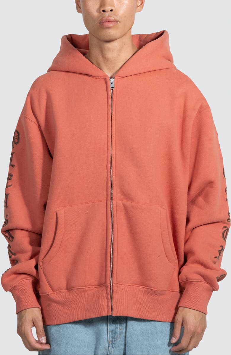 PLEASURES Embroidered Graphic Zip-Up Hoodie, Main, color, 