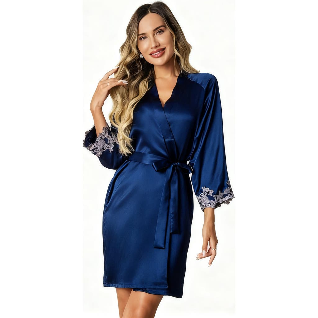 Silksilky Silk Lace Cuffs Robe Wrap Kimono Belted In Blue