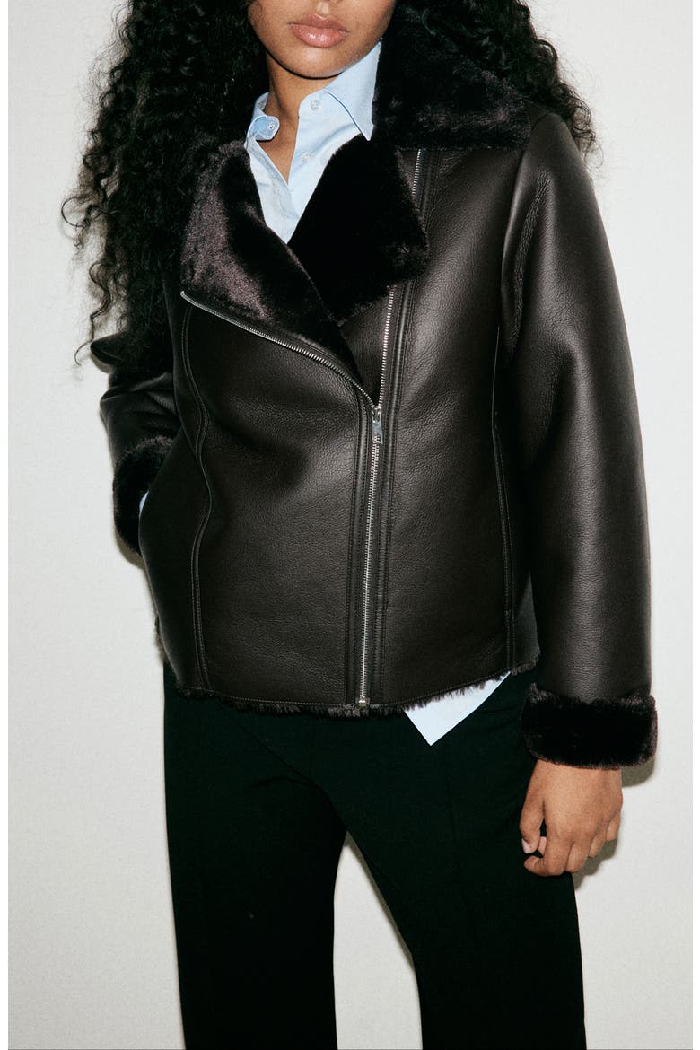 Faux Leather & Faux Fur Moto Jacket, Main, color, CHOCOLATE