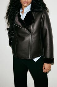 MANGO Faux Leather & Faux Fur Moto Jacket