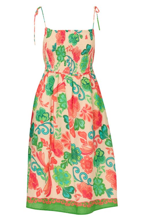 Adrianna Papell Print Smocked Tie Strap Dress In Ivory Multi