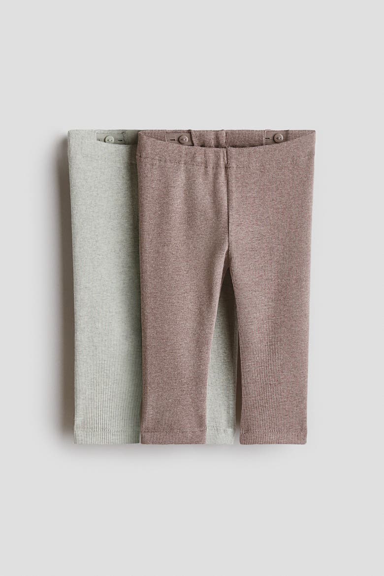 2-pack Ribbed Cotton Leggings, Main, color, Light green/beige