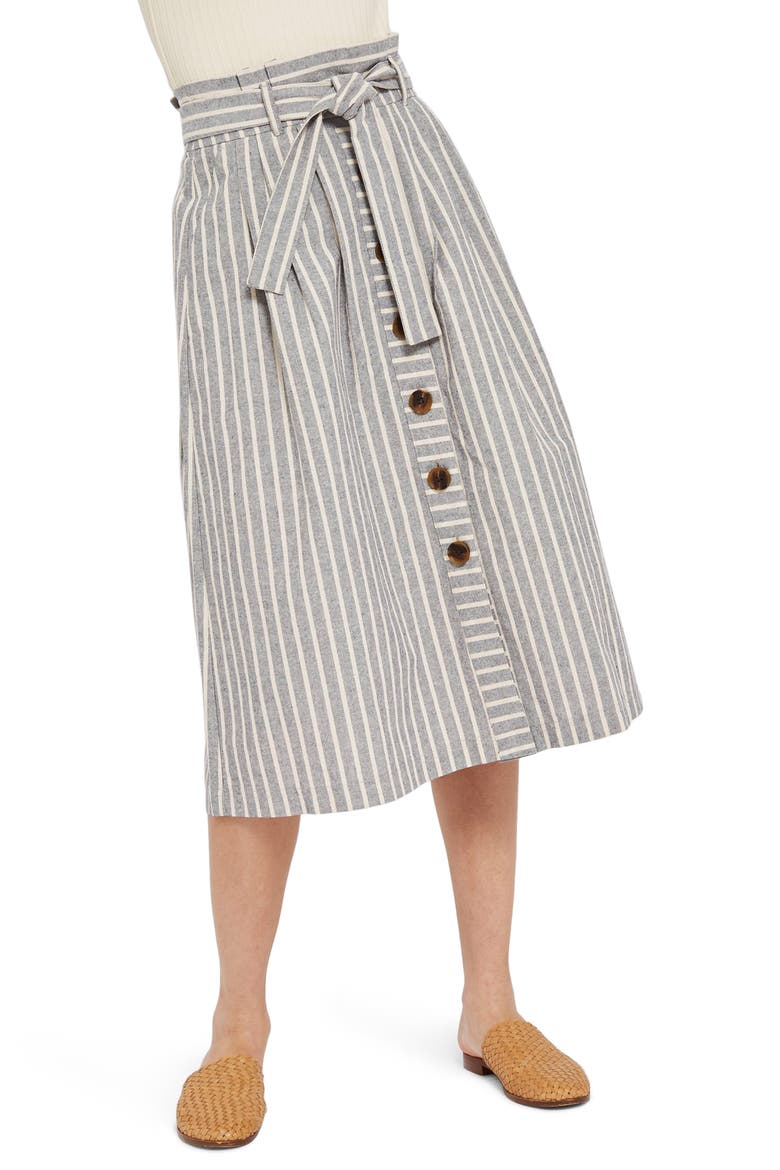 Stripe Tie Waist Midi Skirt, Main, color, GREY MULTI