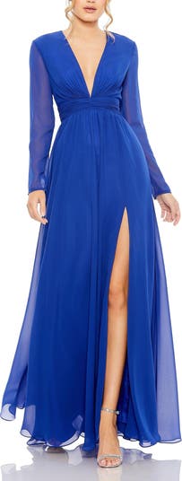 Mac Duggal Elegant V-Neck Front Twist Long Sleeve Dress