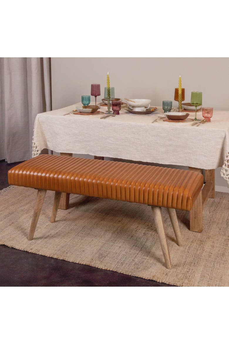 Mango Wood and Leather Grid Bench, Brown, Alternate, color, Brown