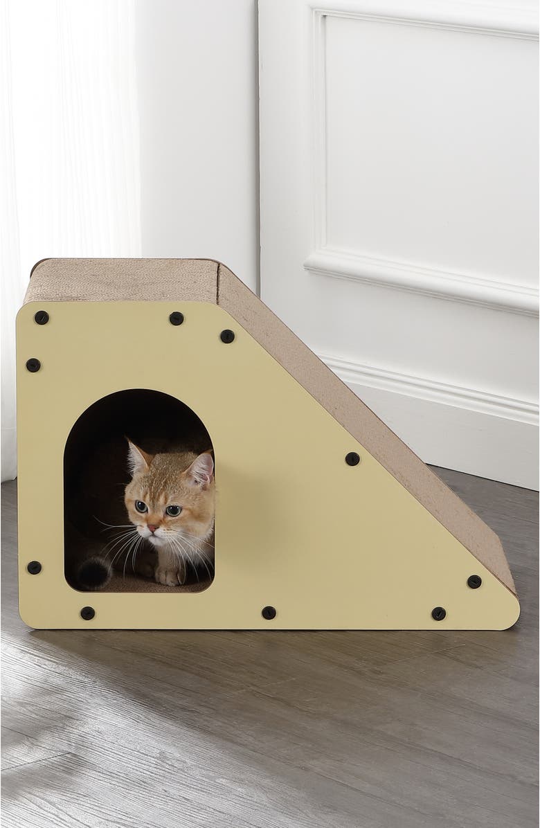 The Licker Store Kento 23.63" Minimalist Cardboard Angled Cat Cave Scratcher with Catnip, Alternate, color, Almond