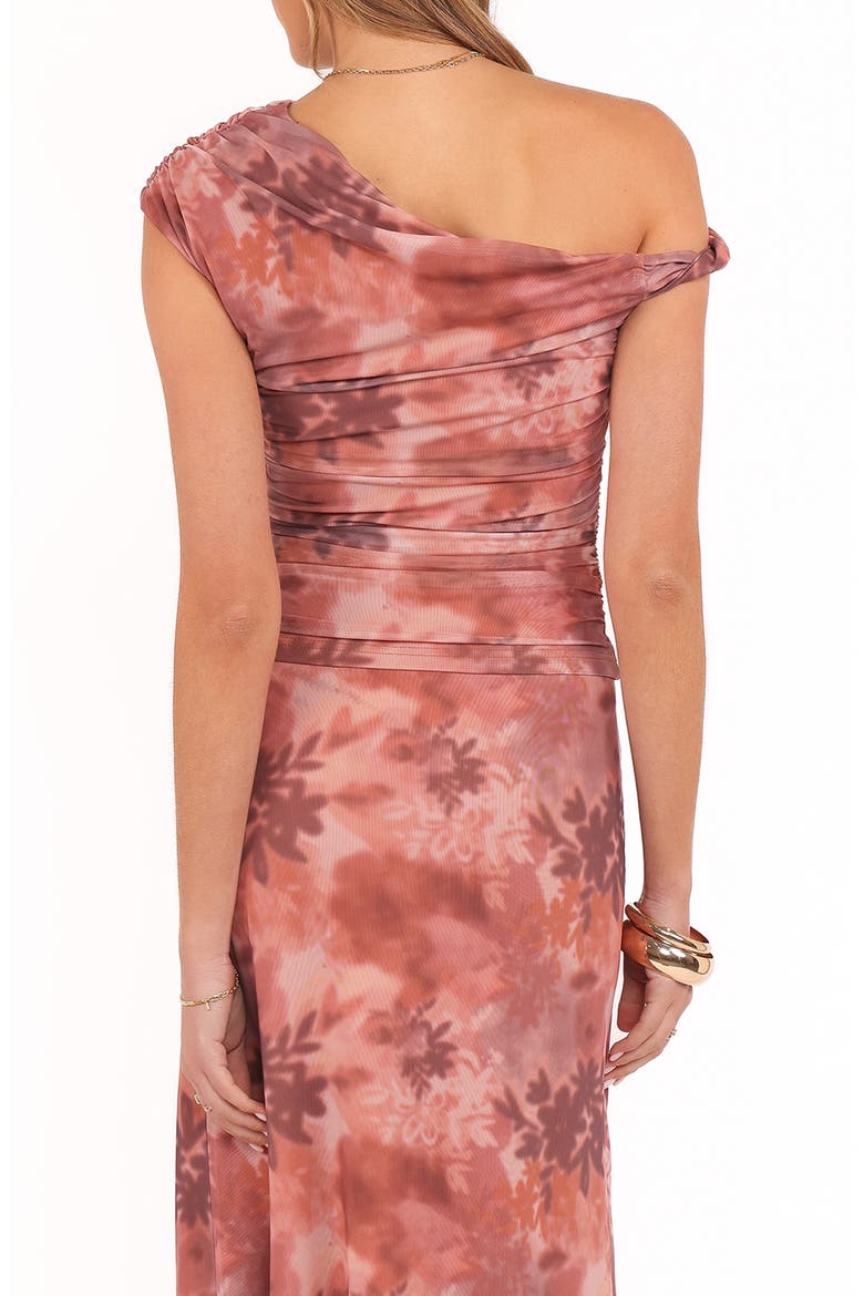 Donata Ruched One-Shoulder Mesh Top, Alternate, color, BLURRED BOTANICS