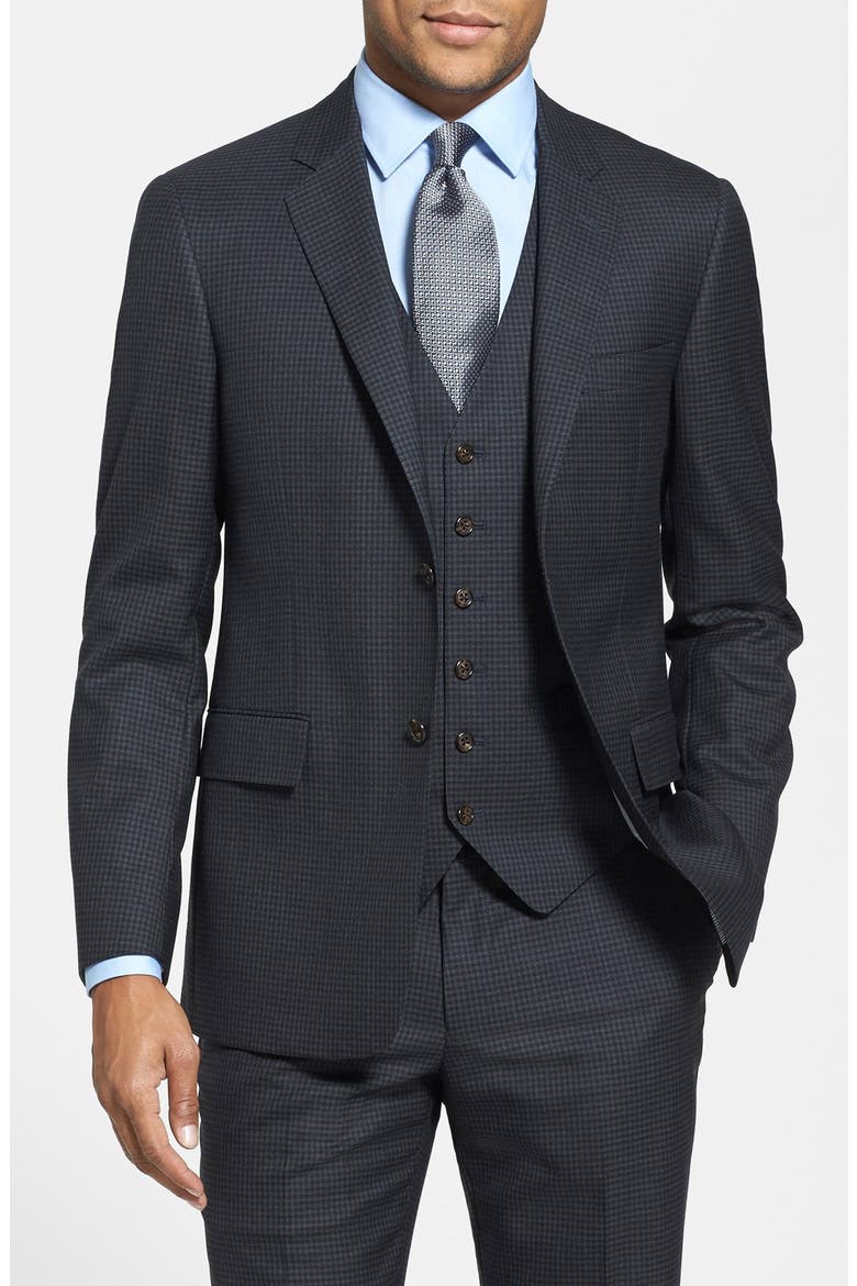 Trim Fit Check Three-Piece Suit, Alternate, color, DARK GREY