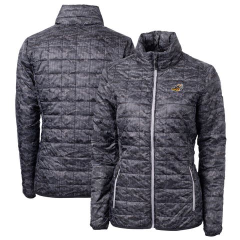 Women's Cutter & Buck  Black Akron RubberDucks Rainier PrimaLoft Eco Insulated Camo Full-Zip Puffer Jacket