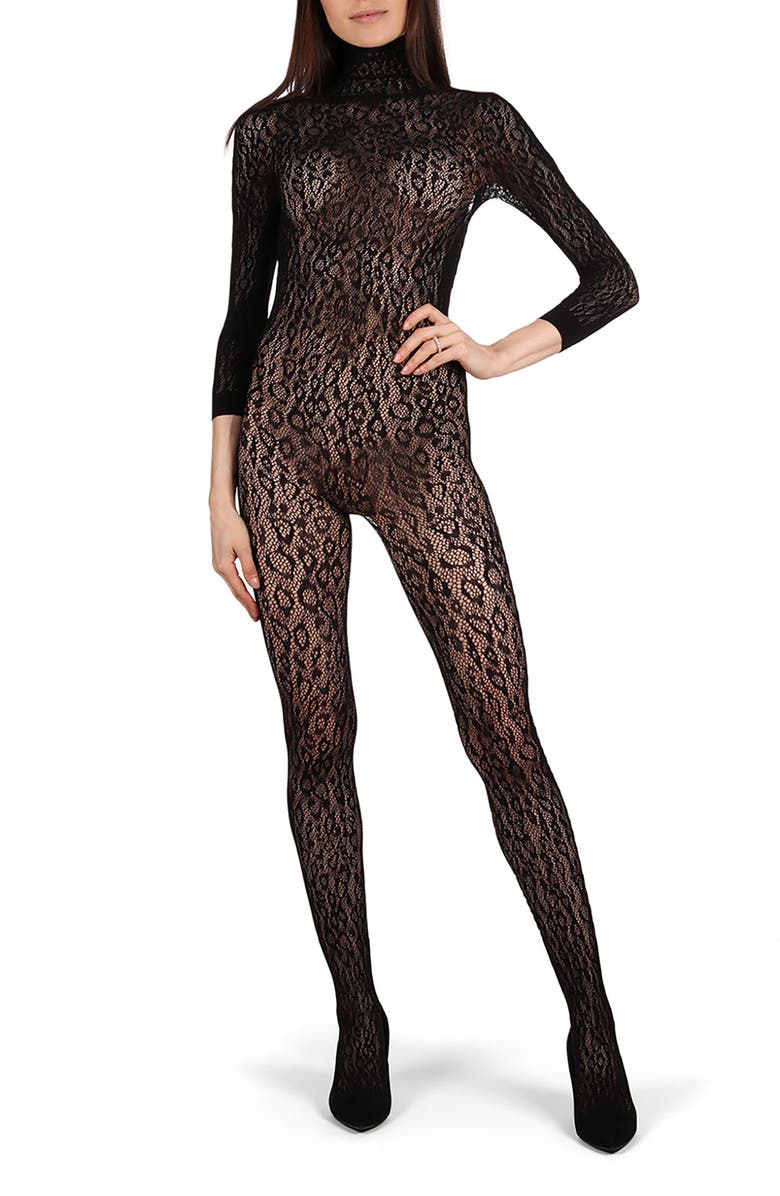 MeMoi Wild Leopard Seamless Sheer Bodysuit, Main, color, Black