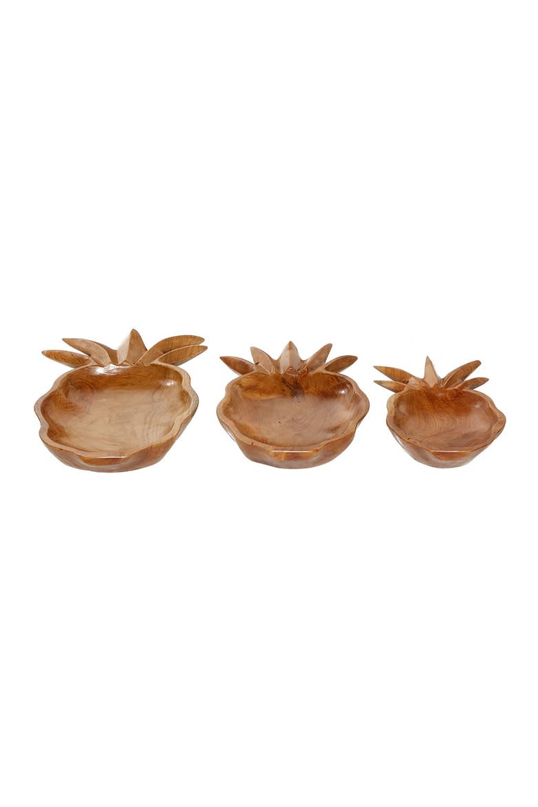Brown Teakwood Handmade Pineapple Fruit Decorative Bowl - Set of 3, Alternate, color, BROWN