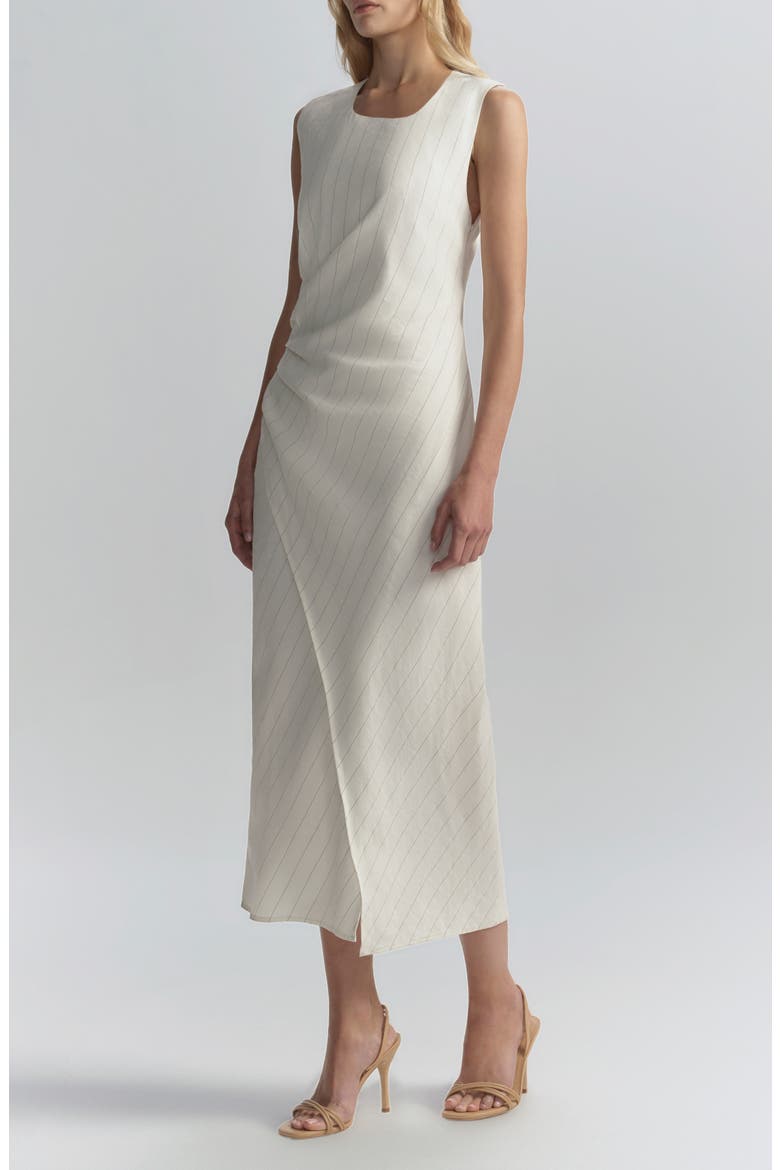 Caroline Pinstripe Side Ruched Linen Blend Dress, Alternate, color, PEARL/ BROWN