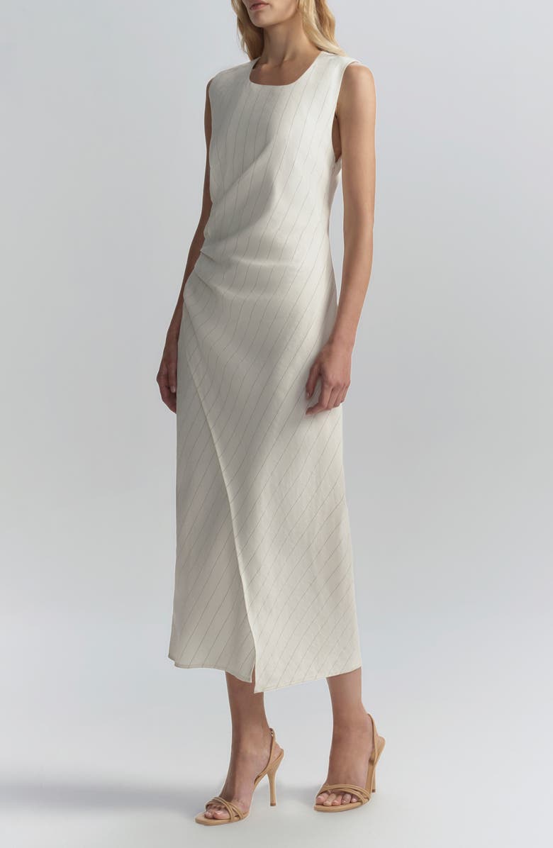 A.L.C. Caroline Pinstripe Side Ruched Linen Blend Dress, Alternate, color, Pearl/ Brown