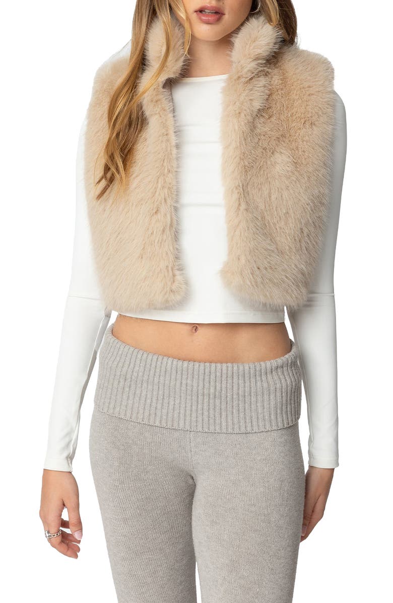 EDIKTED Cassandra Crop Faux Fur Vest, Main, color, Tan