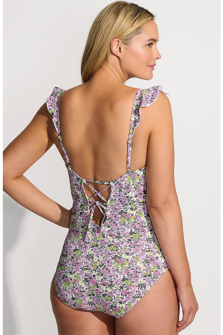 Plus Size Pique Ruffle One Piece Swimsuit, Alternate, color, White Multi Ditsy Floral
