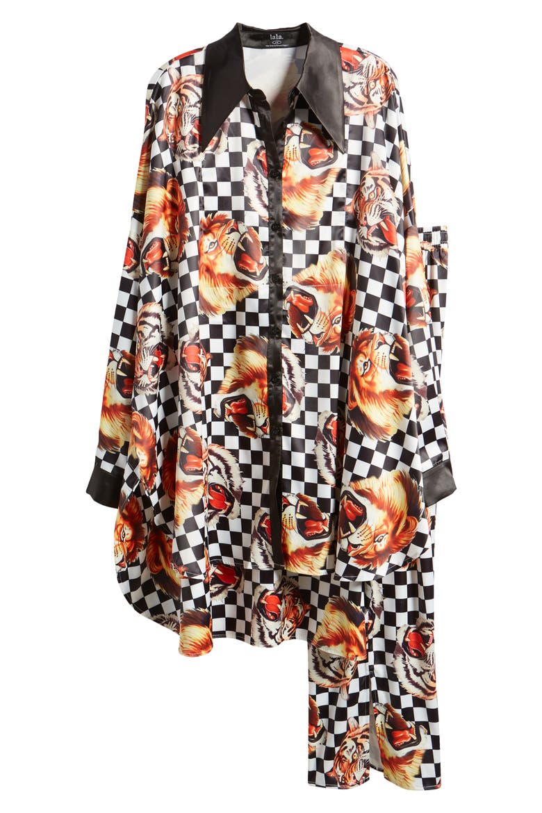 Posh Lions Oversize Satin Top & Pants Set, Alternate, color, LION TIGERS AND CHECKS