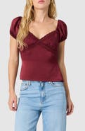 All in Favor Lace Trim Puff Sleeve Satin Top