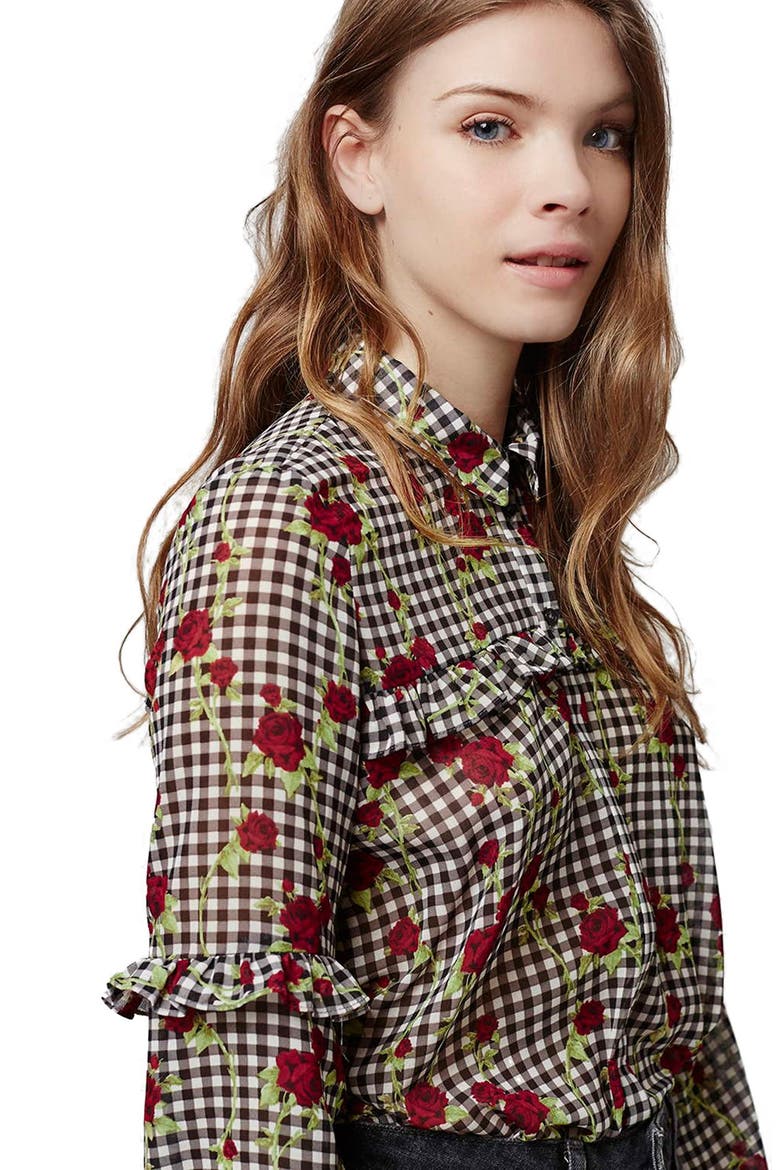 Floral Gingham Ruffled Shirt, Alternate, color, BLACK MULTI