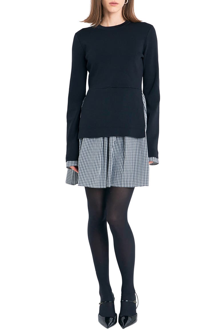 Mixed Media Long Sleeve Minidress, Main, color, BLACK