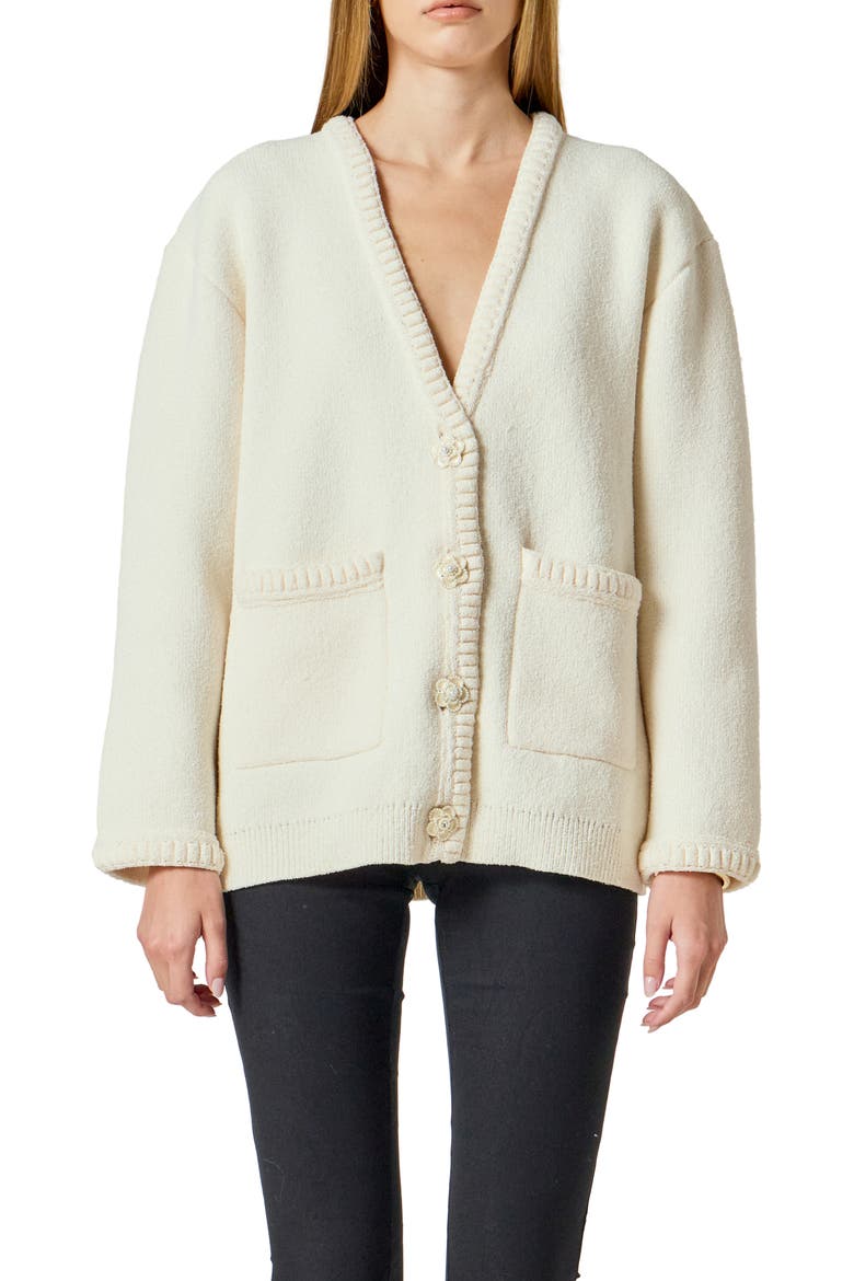 Floral Button V-Neck Cardigan, Main, color, CREAM
