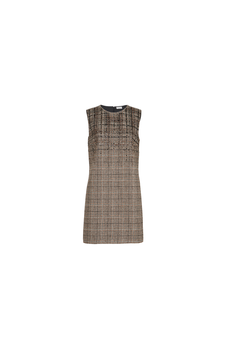Checked alpaca and wool mini dress with dazzling degradé embroidery, Alternate, color, Brown