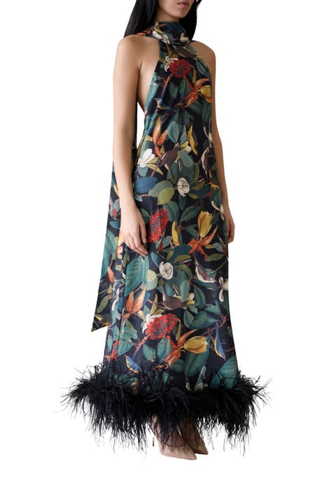 Maliya Feather Dress in Nocturne Botanica