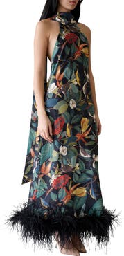 Vasiliki Maliya Feather Dress in Nocturne Botanica