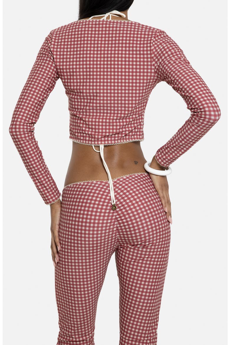Gingham Tie Front Picot Trim Crop Cardigan, Alternate, color, RED