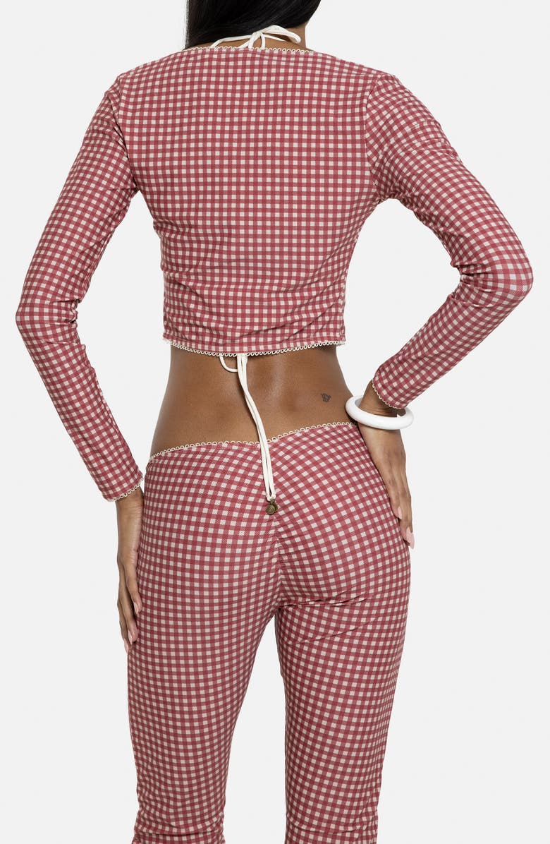 JADED LONDON Gingham Tie Front Picot Trim Crop Cardigan, Alternate, color, Red