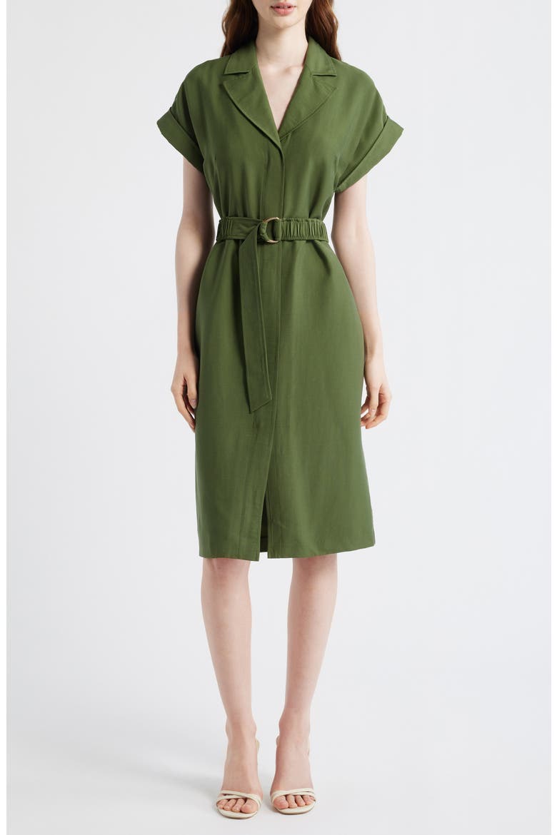 Belted Woven Midi Shirtdress, Main, color, OLIVE