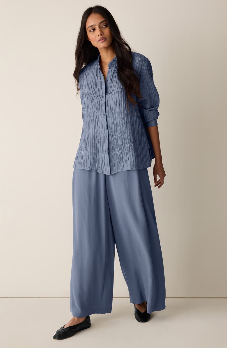 Eileen Fisher Mandarin Collar Silk Button-Up Shirt, Alternate, color, Flint