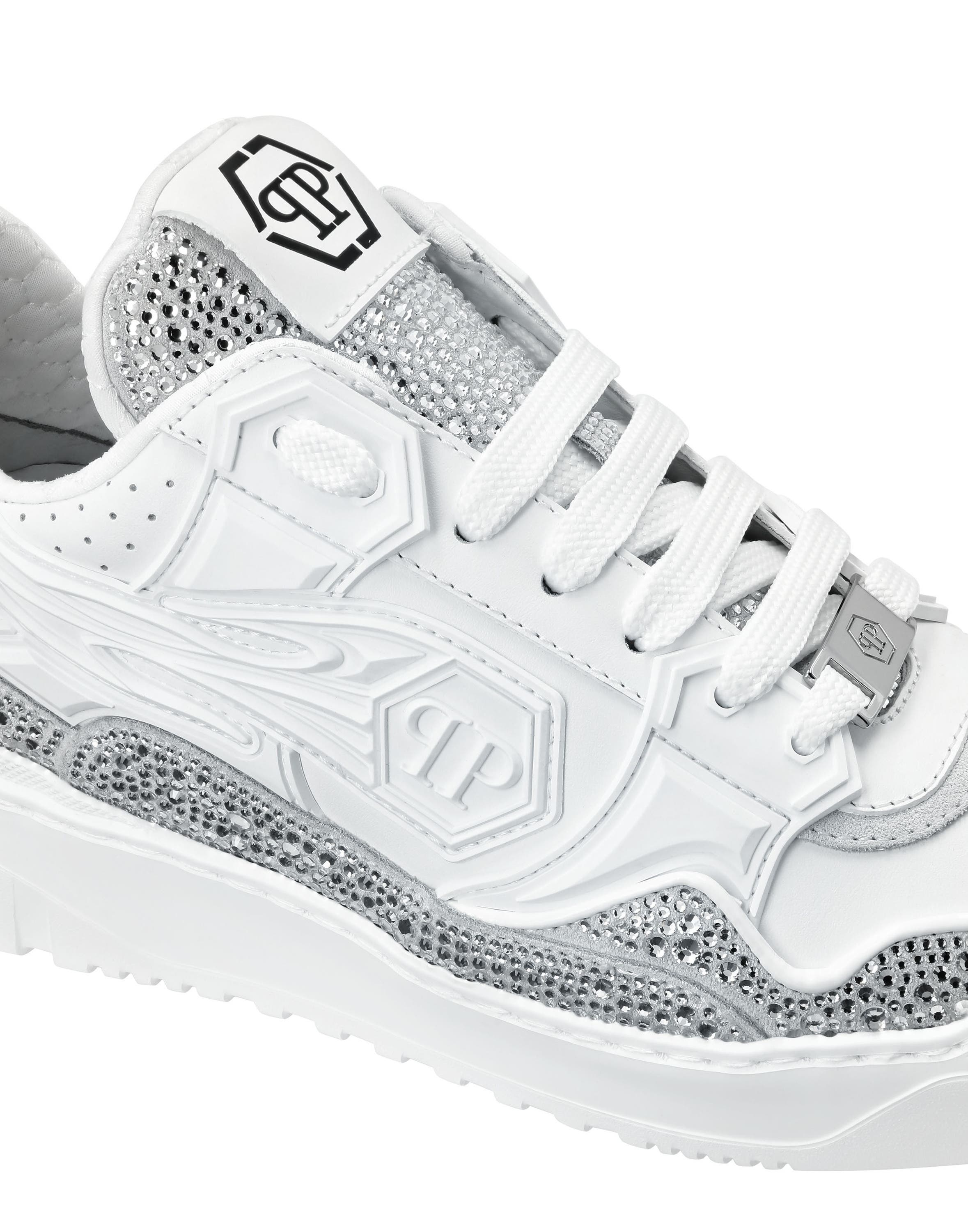 Mix Leather Lo-Top Sneakers Strass Hexagon Rhinestone Women, Alternate, color, white