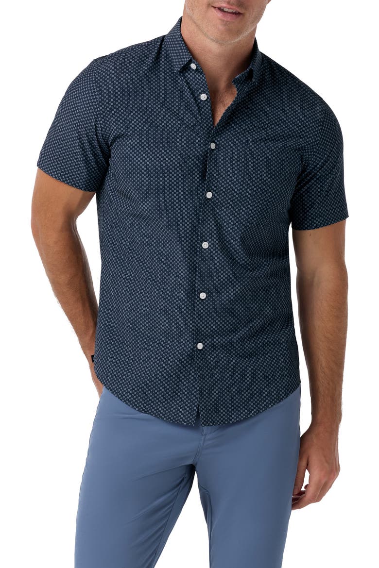 Leeward Performance Short Sleeve Button Up Shirt, Main, color, NAVY CREST DOT