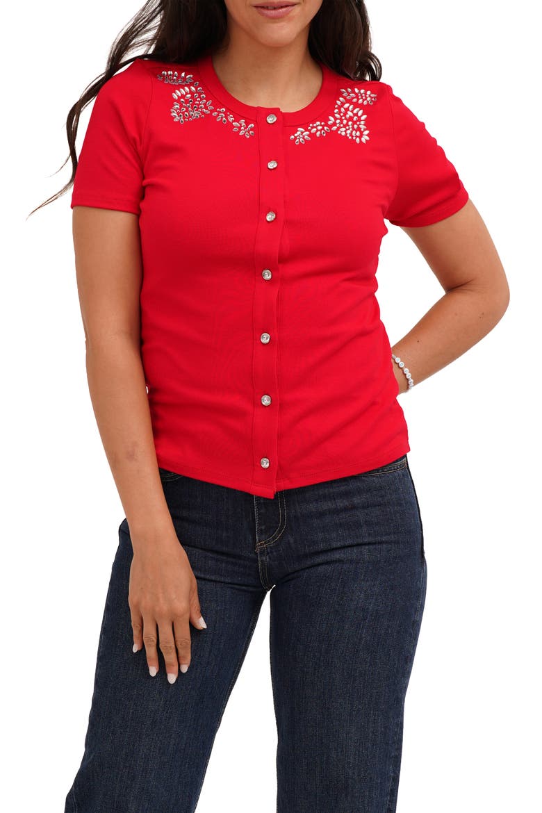 Embellished Collar Short Sleeve Cardigan, Main, color, CABERNET RED