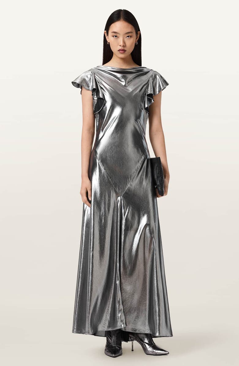 AllSaints Flora Metallic Cowl Neck Maxi Dress, Alternate, color, Metallic Silver