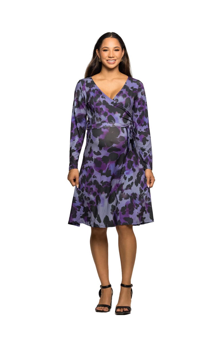 24seven Comfort Apparel Long Sleeve Wrap Dress with Belt in Print, Main, color, Purple Multi