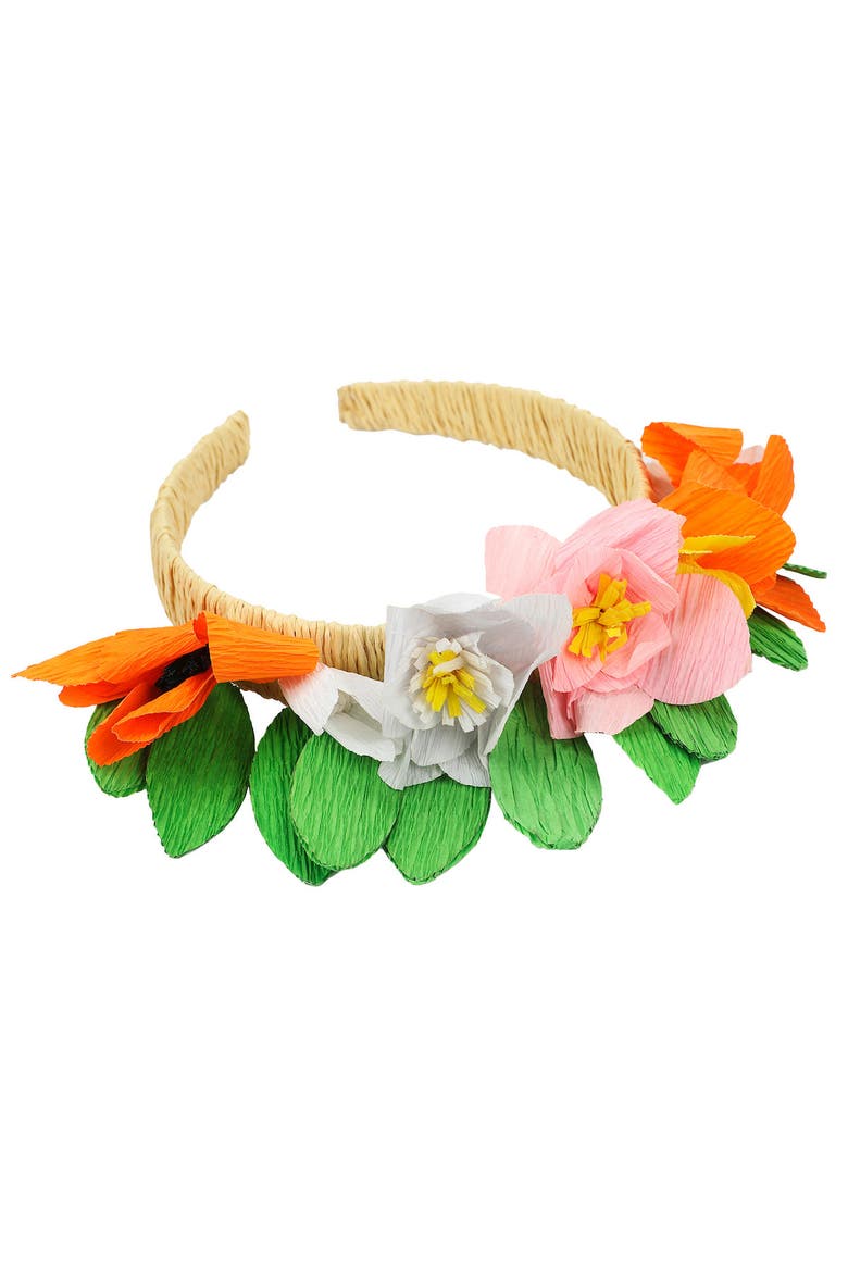 Garden Party Novelty Floral Headband - Natural Raffia Base with Multicolor Paper Raffia Die-Cut Flowers and Leaf Accents, 5x7 Inch, Alternate, color, Multicolor