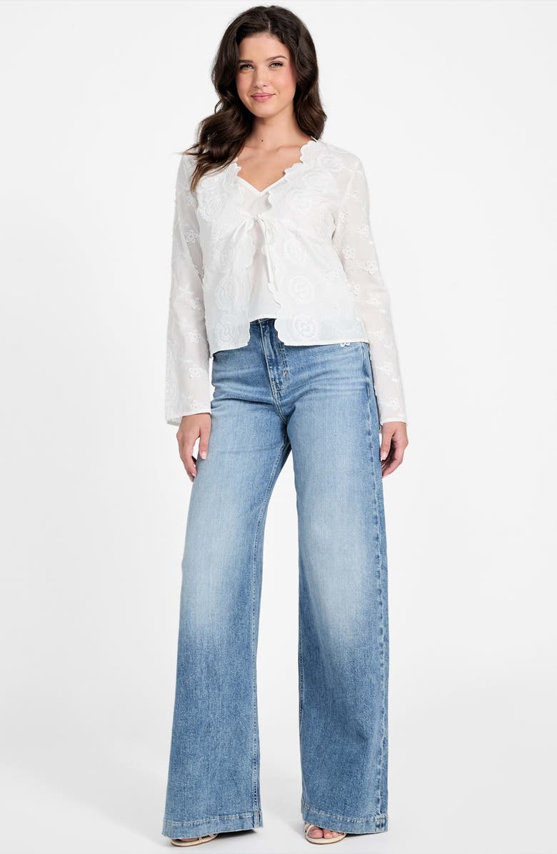 GUESS Aida Floral Embroidered Tie Front Long Sleeve Top, Alternate, color, Pure White