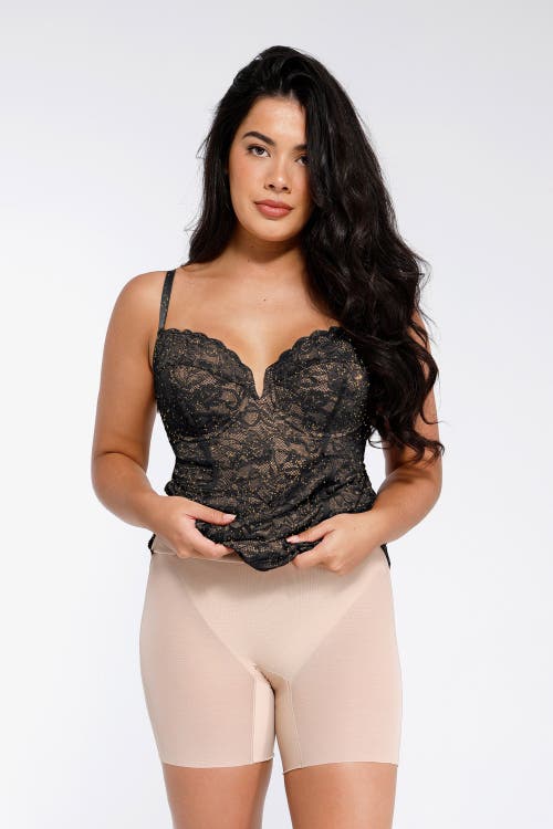 Popilush Shapewear All-lace Hourglass Corset Side Slit Midi Dress In Midnight Black