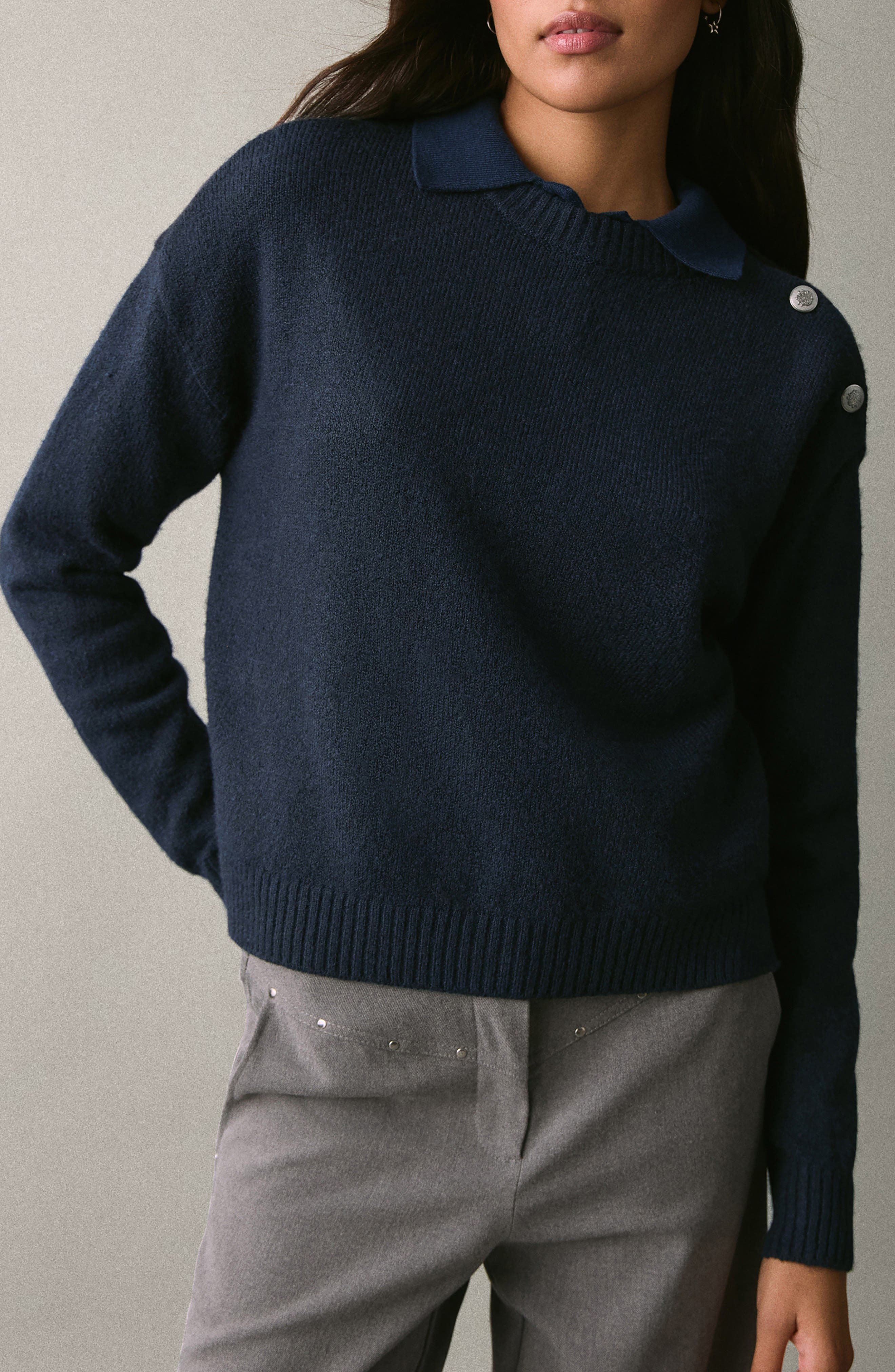 Mango Teen Button Shoulder Crewneck Sweater In Blue