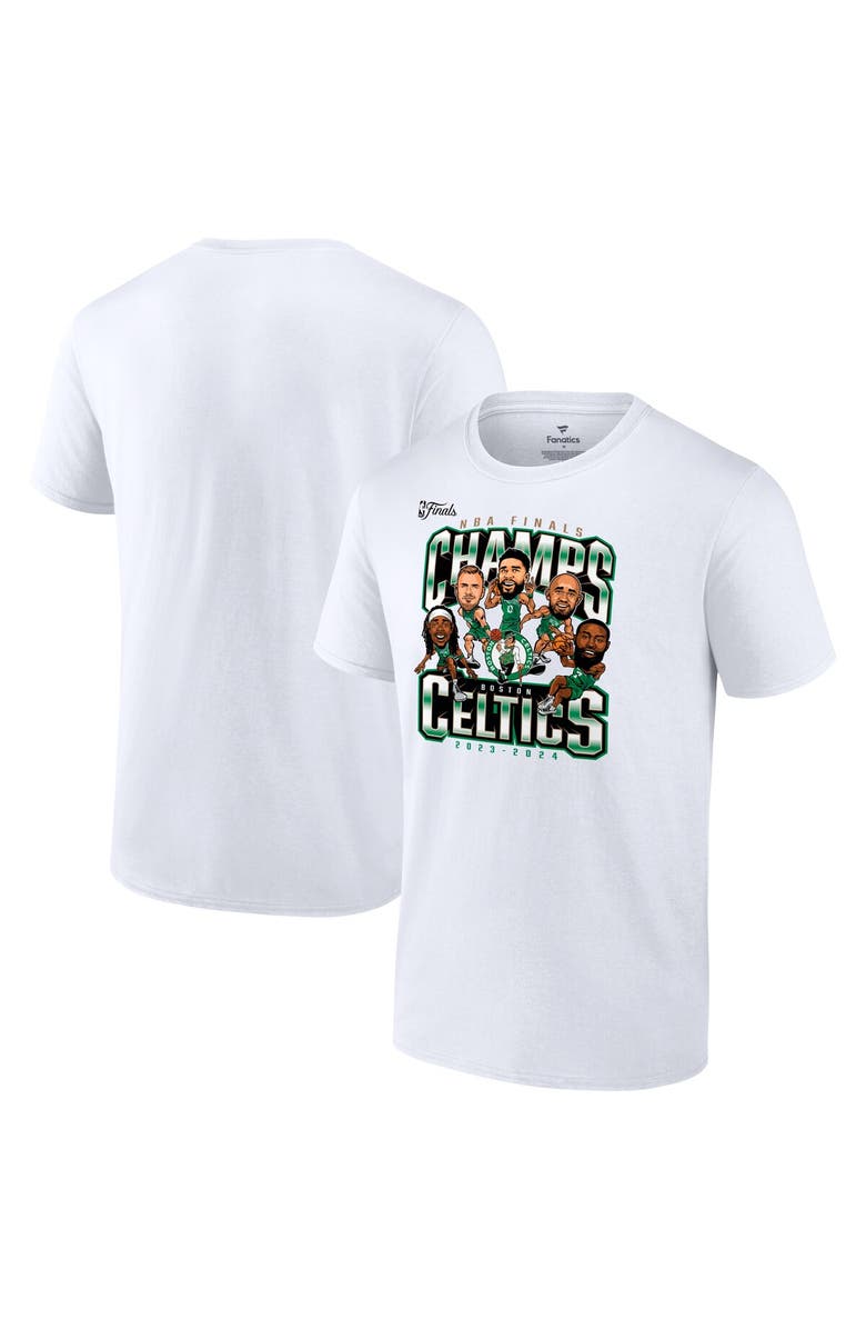 FANATICS Men's Fanatics White Boston Celtics 2024 NBA Finals Champions Pull Up Jumper Caricature T-Shirt, Main, color, 