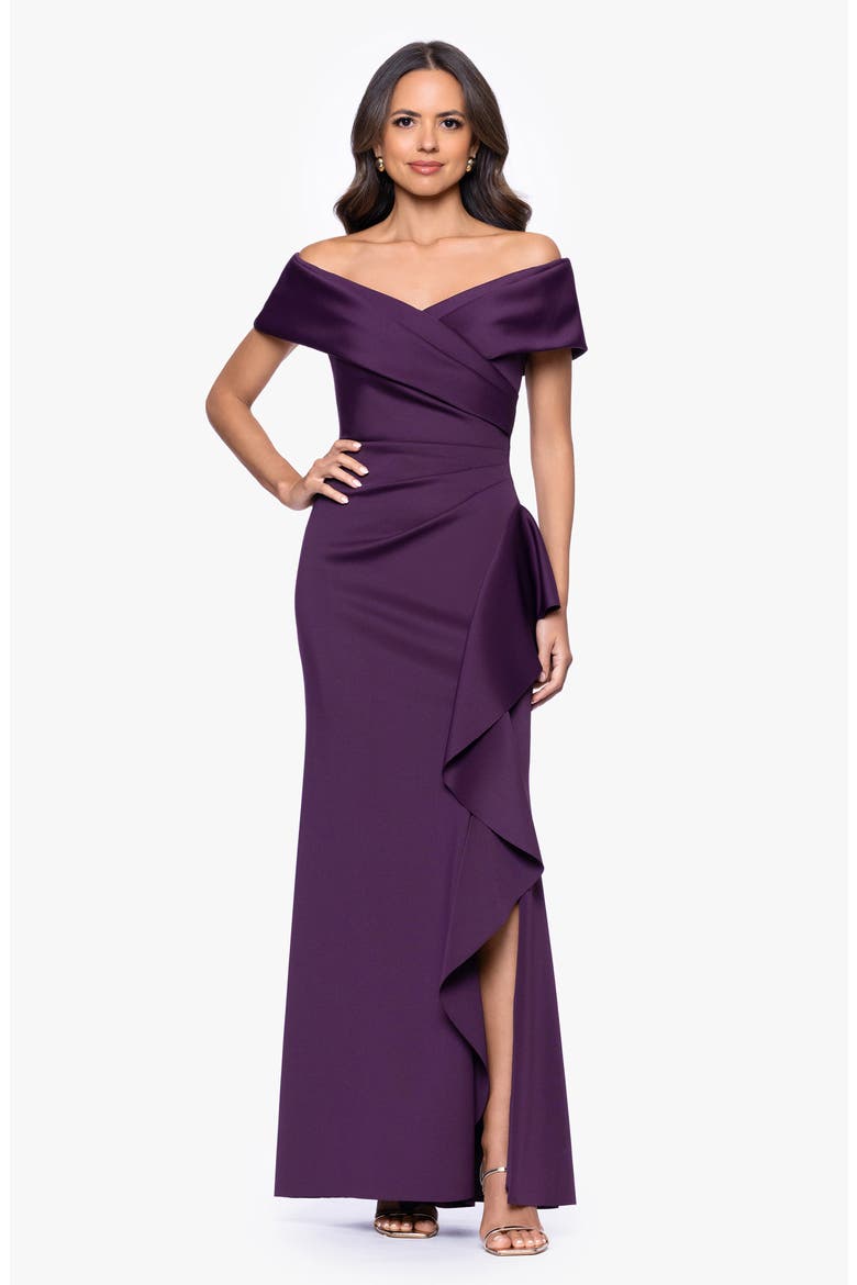 Off the Shoulder Scuba Mermaid Gown, Alternate, color, PLUM