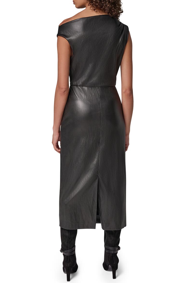 Asymmetric Drape Faux Leather Midi Dress, Alternate, color, BLACK